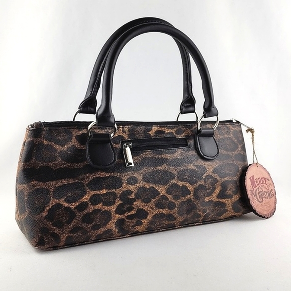 NWT Primeware Black Faux Leather Leopard Print Insulated Wine Bottle Lunch Bag - Picture 2 of 11